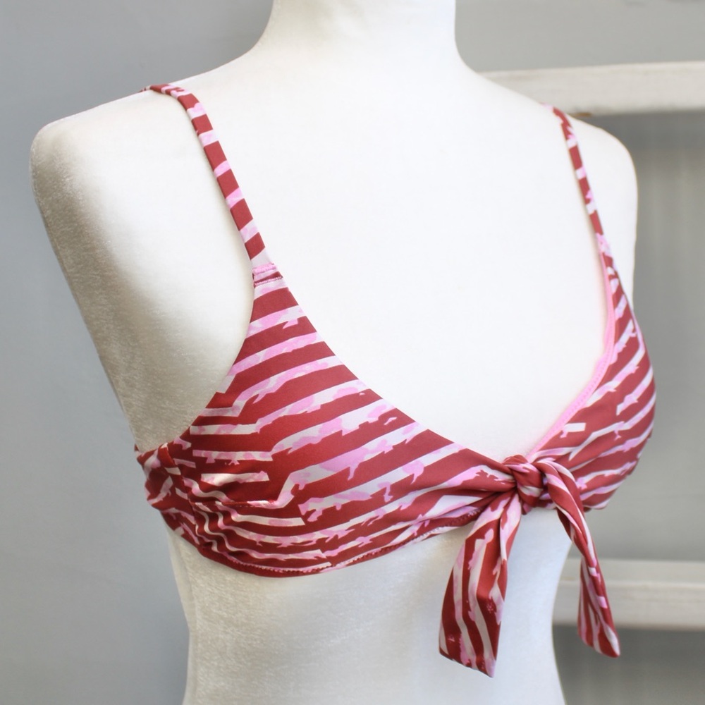 Aerie Tie Front Scoop Bikini Swim Top Best Buds Pink White Striped Size Small - Picture 2 of 9